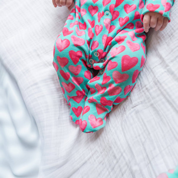 Unisex Baby Cotton Sleepsuit (Onesie) – Aqua Hearts